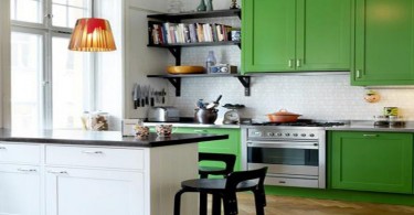 Зелёные шкафчики в интерере небольшой кухни