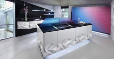 Дизайн кухни с эффектом сложенной бумаги на поверхностях мебели