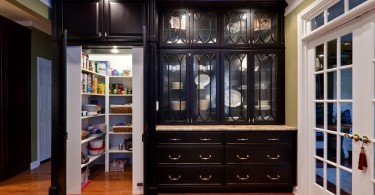 Стильный встроенный шкаф в интерьере кухни из тёмного дерева