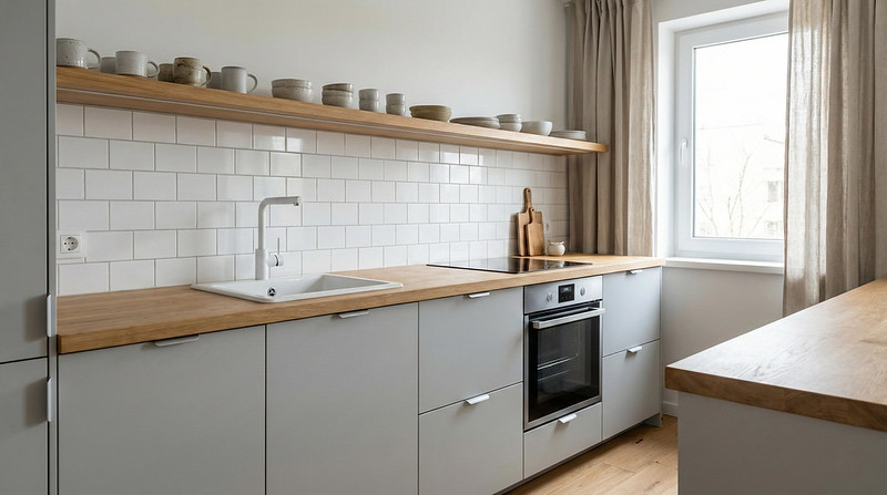 Кухня без верхних шкафов в интерьере