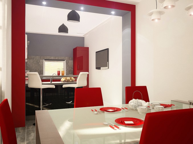 Оригинальный дизайн интерьера красно-белой кухни в стиле модерн