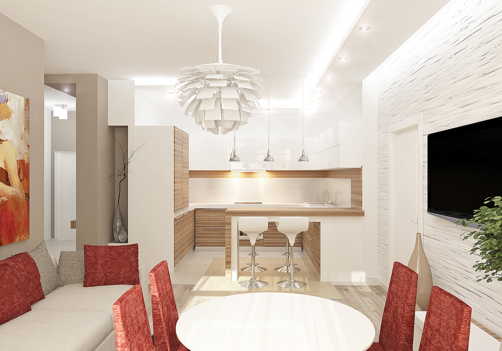 Оригинальный дизайн интерьера красно-белой кухни в стиле модерн