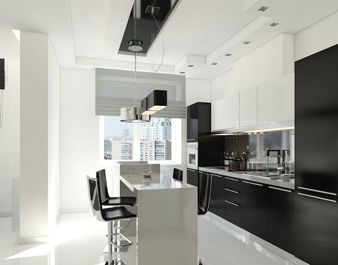 Великолепный интерьер черно белой кухни