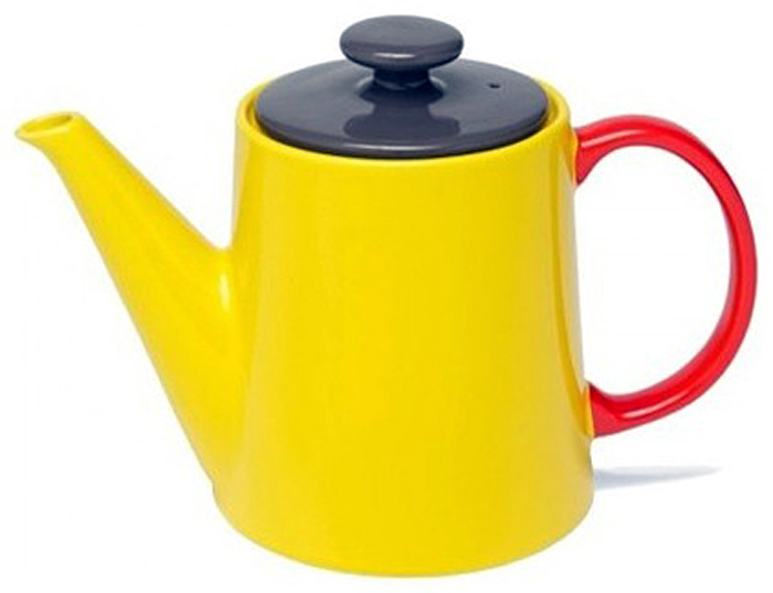 Керамический чайник жёлтого цвета с красной ручкой и фиолетовой крышкой