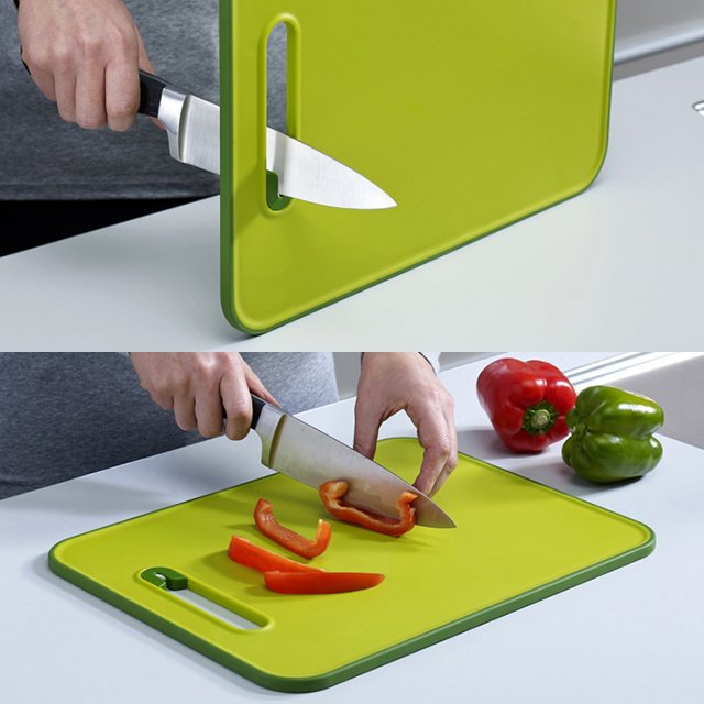 Фотоколлаж: оригинальный дизайн кухонной разделочной доски из пластика с встроенной точилкой для ножа