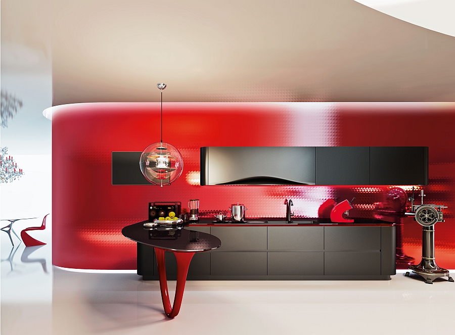 Необычный дизайн минималистского интерьера кухни Ferrari в красно-чёрной гамме