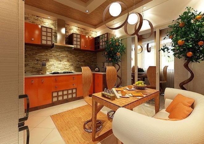 Кирпичный кухонный фартук в интерьере в оранжевых тонах