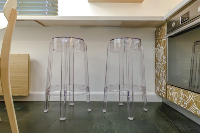 Полупрозрачные барные стулья в интерьере кухни