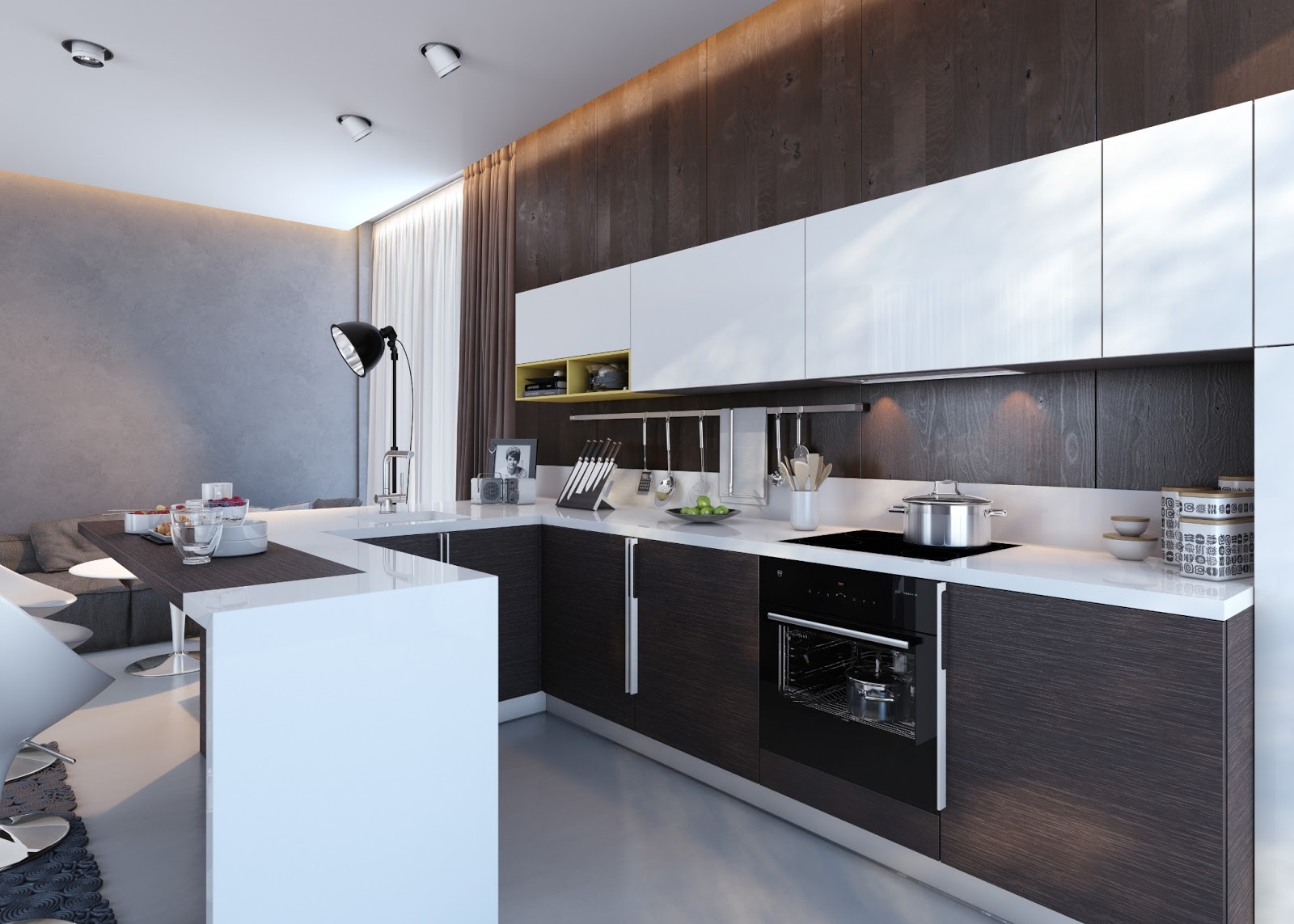 Современный дизайн кухни в белом цвете с нижними шкафами цвета венге в интерьере
