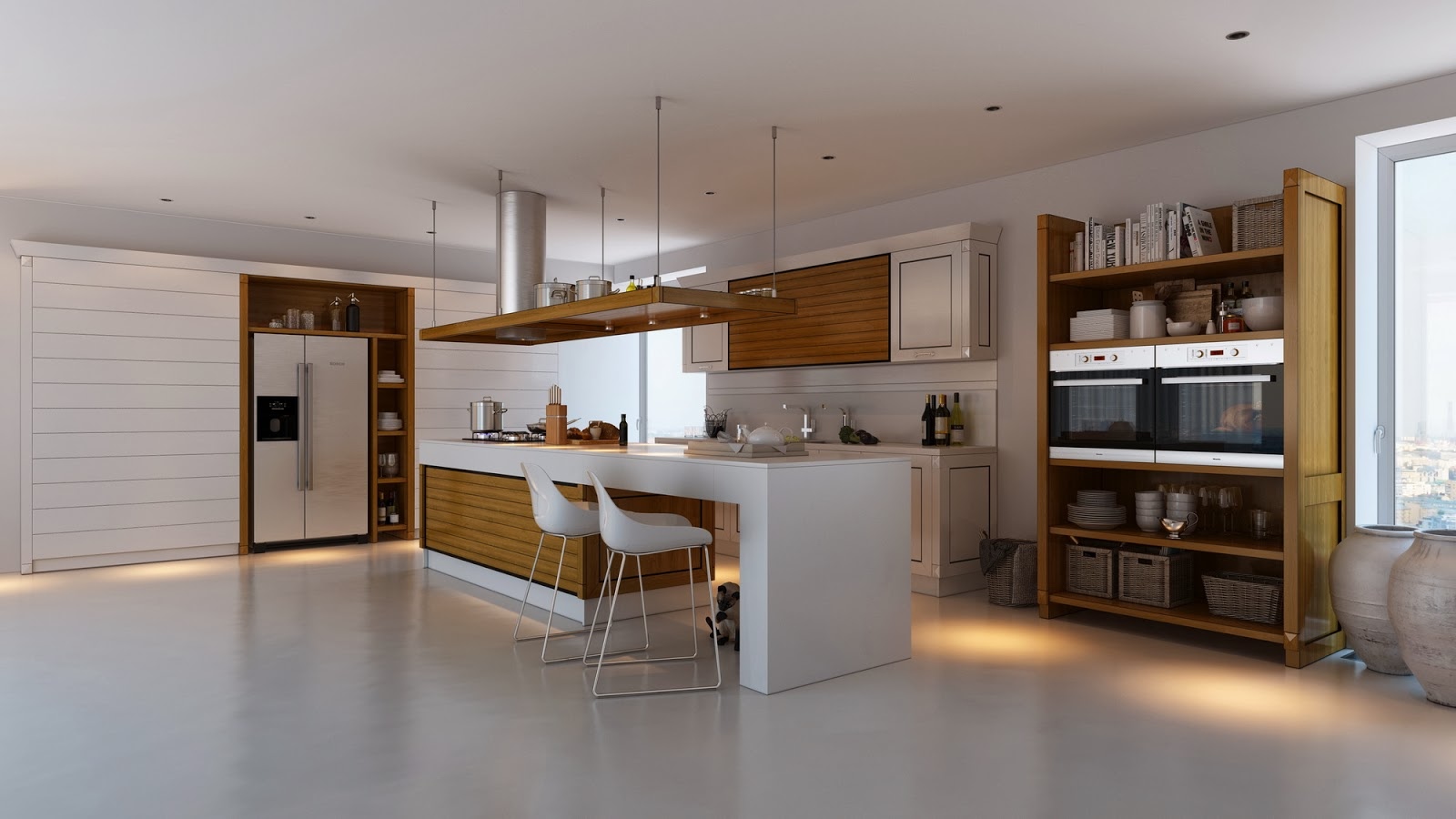 Дизайн кухонного гарнитура с деревянными вставками медового оттенка в интерьере