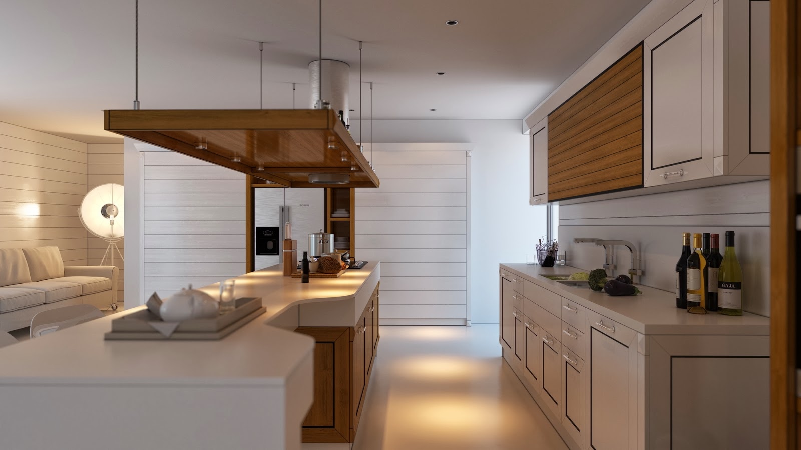 Оригинальный дизайн светлого кухонного острова с деревянными ящиками в интерьере кухни