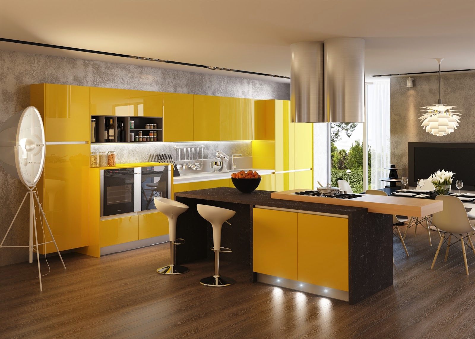 Дизайн ярко-жёлтого кухонного гарнитура в интерьере кухни