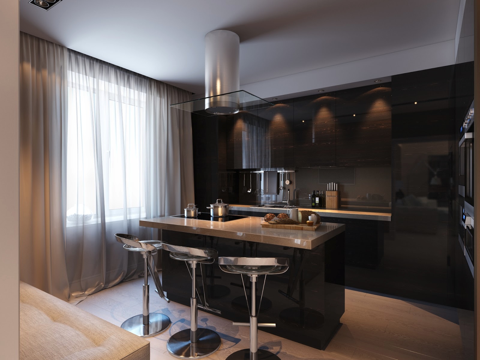 Роскошный дизайн глянцевого чёрного гарнитура в интерьере кухни