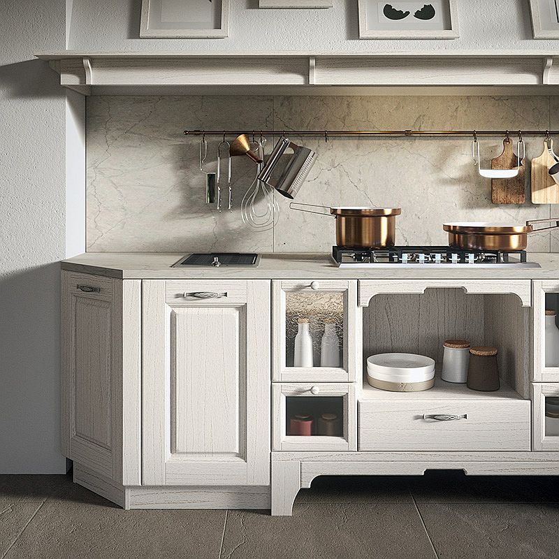 Белые шкафчики в интерьере кухни в стиле винтаж