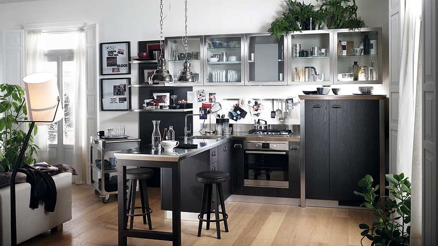 Интерьер современной модульной кухни в чёрно-белом цвете