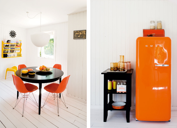 Фотоколлаж: оранжевый холодильник SMEG и яркие стулья в интерьере кухни-столовой