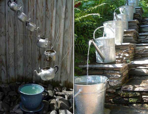 Фотоколлаж: необычный фонтан из старых леек и чайников