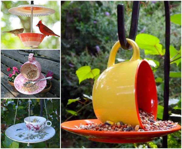 Фотоколлаж: кормушка для птиц из разноцветных чашек