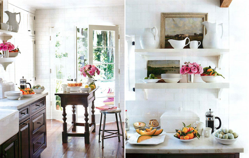Фотоколлаж: открытые полки с посудой в стильном дизайне интерьера кухни