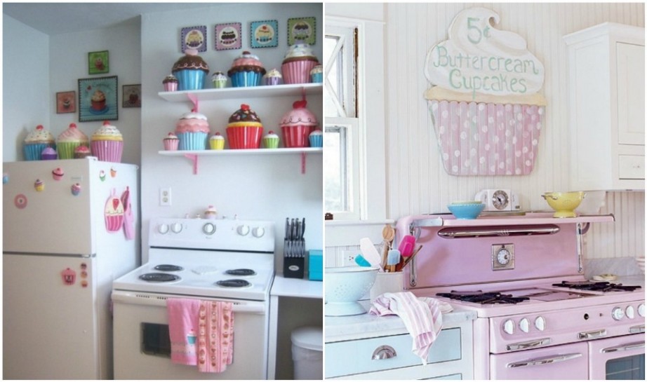 Интерьер кухни со множеством декоративных элементов в розовой гамме