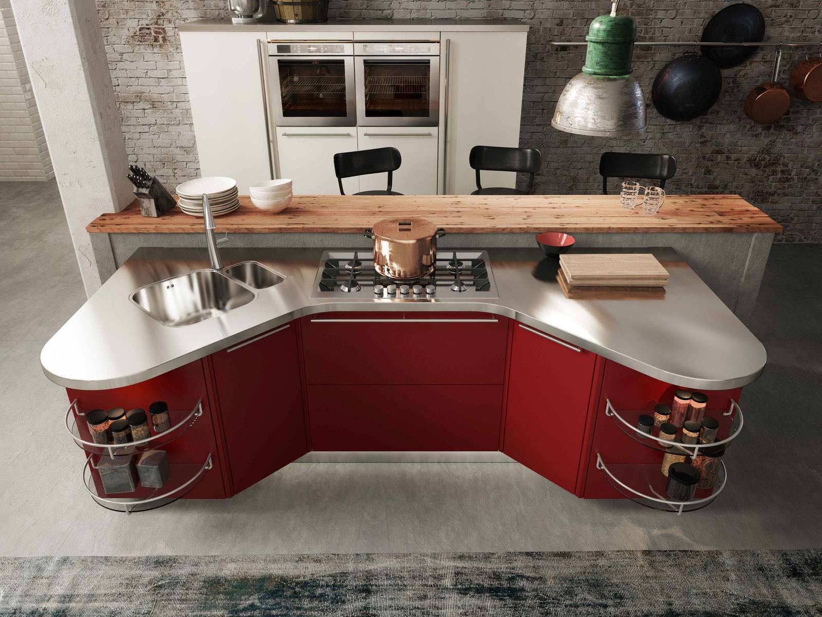 Подвесные кухни: модель с бордовым фасадом