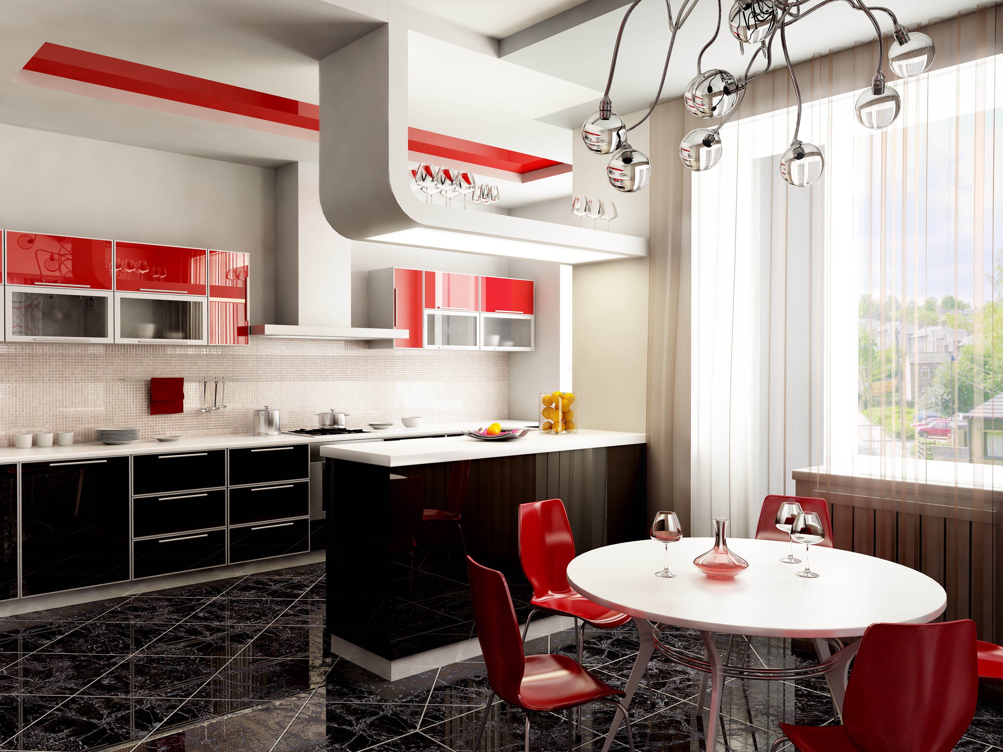 Современный дизайн кухонного гарнитура в красно-чёрной гамме