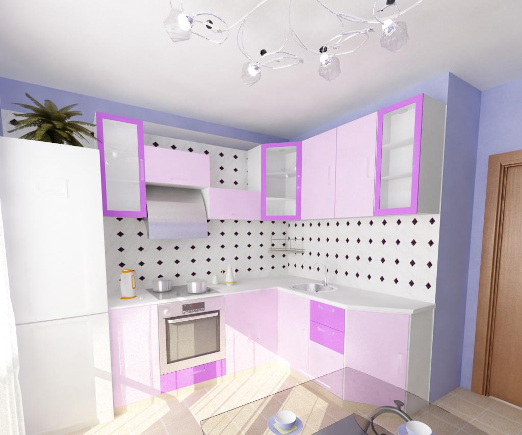 Современный дизайн кухонного гарнитура в розовом цвете