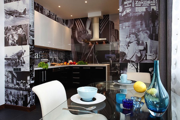 Стены на кухне декорированные большими чёрно-белыми фотографиями